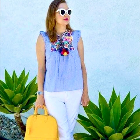 Shein Boho Pom Pom Tie Festive Seersucker Blouse - Picture 4 of 16